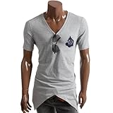 DOUBLJU Mens Casual Short Sleeve frayed hem DESIGNED V-NECK T-Shirt(DJ47)-GRAY-2XL