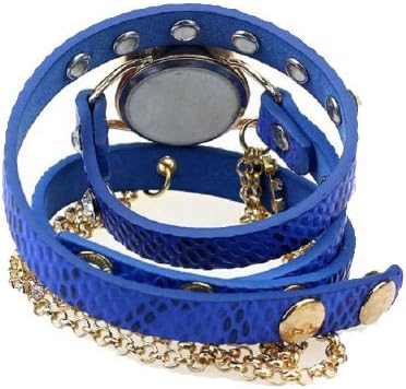 DAYAN Women's Fashion Leather Wrap Around Glitter Rhinestone Rivet Golden Chain Quartz Wrist Watch Blue