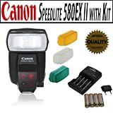 Canon Speedlite 580EX II with Opteka tri-color hard flash diffusers, Cleaning kit, Aa batteries and charger for All Canon EOS and select PowerShot series cameras