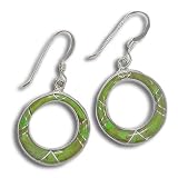 Sterling Silver Green Turquoise Inlay Hoop Dangle Earrings by Sajen