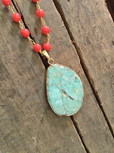Long Coral Rosary- style Necklace and Light Turquoise Pendant/ Layering Necklace/ Summer Colors-Coral and Turquoise/ Affordable Trendy