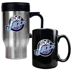 Utah Jazz NBA Stainless Steel Travel Mug & Black Ceramic Mug Set - Primary Logo by Great American Products