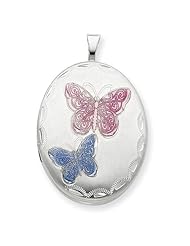 Sterling Silver 26mm Enameled Butterfly Oval Locket 18" Necklace