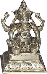 Brass Ganesha Seated Statue Playing Tabla 4 x 3 x 5.5 inches