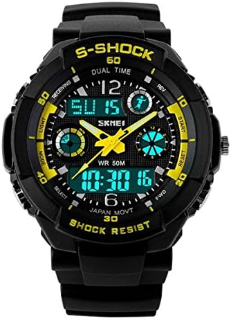 Csmarte Sports Wrist Watch with Date Week Alarm Stopwatch Backlight,Waterproof LED Digital Watch Analog Dual Time Display (yellow)