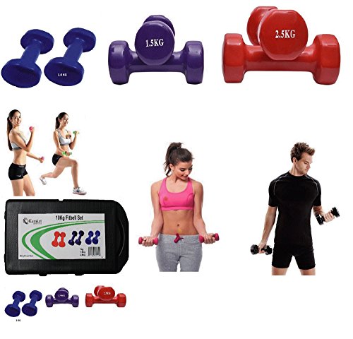 10kg Dumbbell Weight Set Vinyl Coated with Carry Case - Gym Fitness Exercise Biceps Weight Training (Blue, Purple, Red)