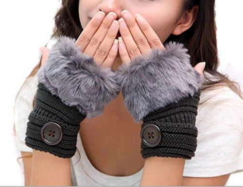 adsen(TM) Winter and Fall Season Hand Warmer Knitted Gloves Wrist Fingerless Faux Fur Button Palm Gloves Outdoor and Office Keyboard Gloves for Fashion Girls Ladies (Full Size, Dark Grey)