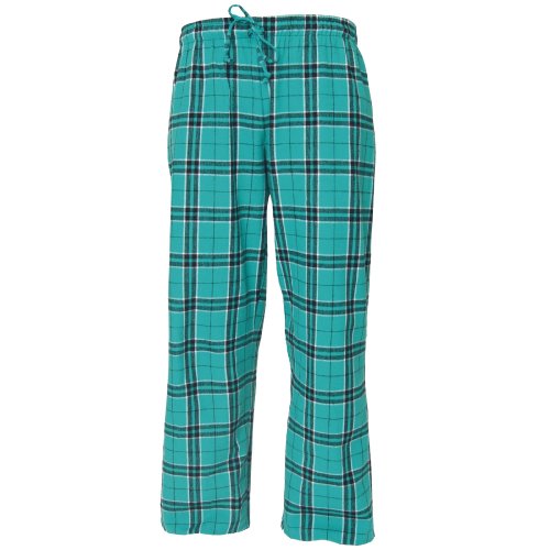 Teal Blue and Black tartan plaid check tie cord flannel cotton pants for lounging, sleep, sports. Unisex relaxed fit, available in 5 Adult sizes