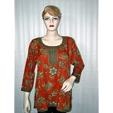 Brick Red Crepe Printed Indian Boho Womens Tunic Top Kurti L