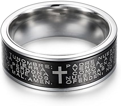 Dora Collection 316L Stainless Steel High Polished Fashion Lord's Prayer Religious Symbols Band Ring with Cross. Best Gift for Valentine's Day, Mother's Day, Birthday, and Last Forever!
