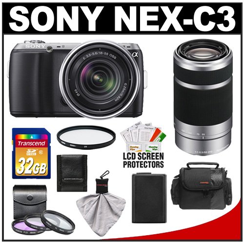 Sony Alpha NEX-C3 Digital Camera Body & E 18-55mm OSS Lens (Black) with E 55-210mm OSS Zoom Lens + 32GB Card + Battery + 4 Filters + Case + Accessory Kit