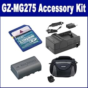 JVC Everio GZ-MG275 Camcorder Accessory Kit includes: SDM-180 Charger, KSD2GB Memory Card, SDBNVF808 Battery, SDC-26 Case