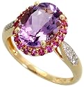 14k Gold Oval Cluster Ring, w/ 0.08 Carat Brilliant Cut Diamonds, 0.50 Carat Brilliant Cut Pink Sapphire Stones & 3.50 Carats Oval Cut Amethyst Stone, 1/2" (13mm) wide