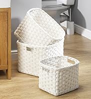 3 White Rattan Storage Baskets