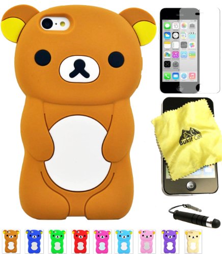 Bukit Cell ® Bundle - 4 Items: Bukit Cell ® BROWN 3D Teddy Bear Soft Silicone Case for iPhone 5C, Bukit Cell ® Cleaning Cloth, Screen Protector and Metallic Stylus Touch Pen with Anti Dust Plug