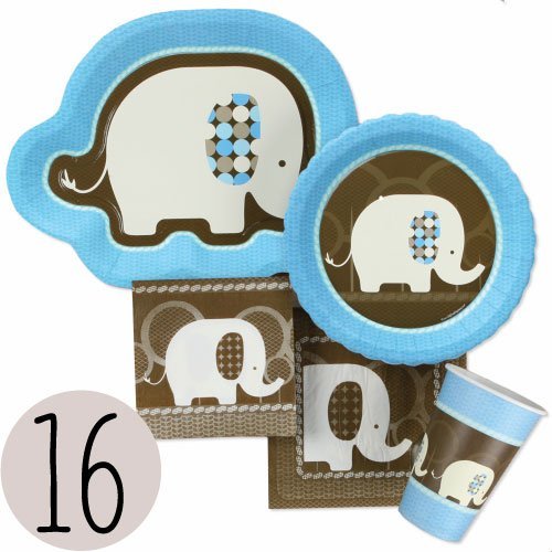 Blue Elephant Baby Shower Tableware Bundle for 16 - Plates, Cups, Napkins