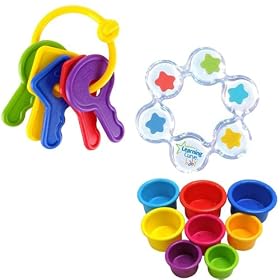 Learning Curve First Keys Teether Plus Stack N Count Cups and Floating Stars Teether Bundle