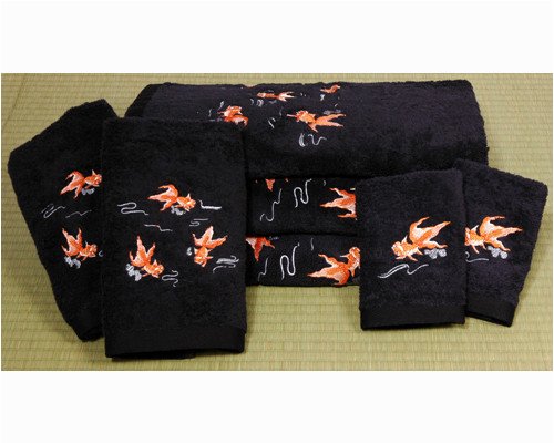 Unique Wedding Gift Under 200 - 7pc. Japanese Lucky Koi Fish Luxury Cotton Towel Set - BLK