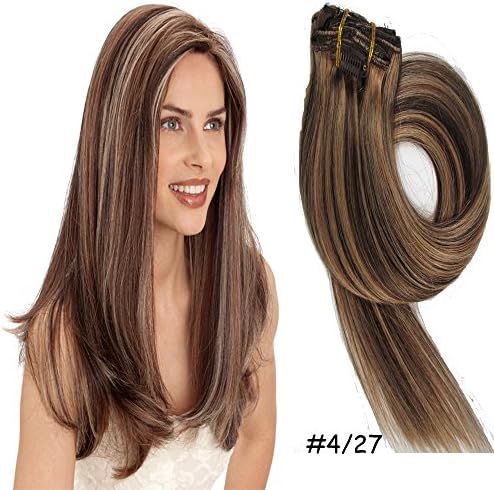 Clip-in Hair Extensions 100% Remy Human Hair 4/27# Chocolate Brown/Honey Blonde 7pcs 22 inch 80g
