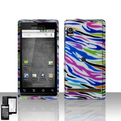 New Rainbow Zebra Rubber Texture Motorola Droid A855 Snap on Cell Phone Case + Belt Clip
