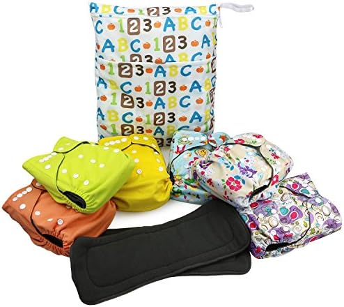 Reusable Cloth Diapers Bundle of 6pcs with Charcoal Bamboo Lining With a Wet Bag and 12 Charcoal Bamboo Insert Liners - Perfect Multipack Underwear for a Newborn to 33lbs Baby Girl or Boy. Bamboo Lined To Keep Baby Dry!