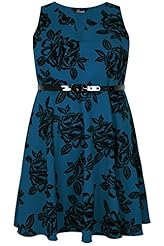 Plus Size Floral Print Glittering Belted Skater Dress 