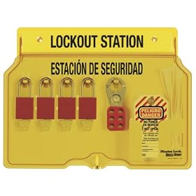 Master Lock 1482BP1106ES 12-1/4" High X 16" Wide X 1-3/4" Deep, Spanish/English Lockout Station, 4 Padlock Station With Cover, Four 1106 Red Aluminum Padlocks