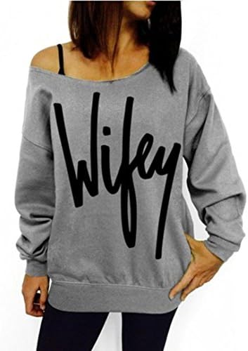 EKIMI Women's Letter Print Loose O-Neck Casual Pullover Sweatshirts (XL, Gray)