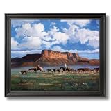 Cowboys Horses Cattle Western Landscape Animal Picture Black Framed Art Print by 