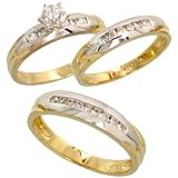 14k 2-Tone (Yellow & White) Gold Trio 3-piece His (5mm) & Hers (4mm) Wedding Band Set, w/ 0.50 Carat Brilliant Cut Diamonds; (Mens Size 9 to 12; Ladies Size 6 to 8)