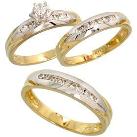 14k 2-Tone (Yellow & White) Gold Trio 3-piece His (5mm) & Hers (4mm) Wedding Band Set, w/ 0.50 Carat Brilliant Cut Diamonds; (Men's Size 9 to 12; Ladies' Size 6 to 8)