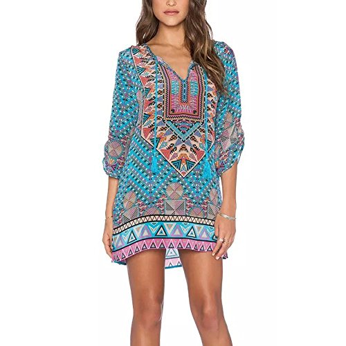 NONO Women Bohemian Neck Tie Floral Print Ethnic Style Shift Dress