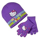 Girls' Hello Kitty Stripe Hat/Gloves Set - Purple (4-14)