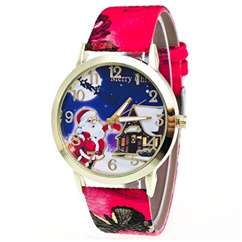 AMA(TM) Men Women Christmas Santa Claus Pattern Leather Band Analog Quartz Vogue Wrist Watch (Red)