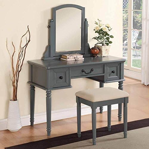 Transitional Vanity Makeup Make up Table Dresser w/ 3 Drawers Stool Set Wood in Blue Grey