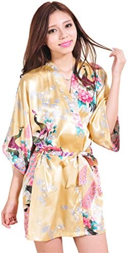 FUNG Women's Satin Peacock Short Style Bride Kimono Yellow XXL