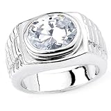 Solid Sterling Silver Cubic Zirconia Rhodium Plated Men's Ring with Stunning Single CZ Center