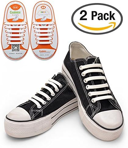 Foten 2 Set No Tie Shoelaces for Kids and Adults, Waterproof Silicon Flat Elastic Athletic Running Shoe Laces with Multicolor for Sneaker Boots Board Shoes and Casual Shoes (Kid Size White)