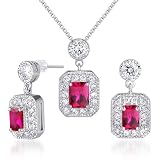 Alluring 3.50 carats Radiant Cut Created Ruby Pendant Earrings Set in Sterling Silver Rhodium Finish