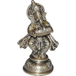 Brass Ganesha Seated Statue Playing Dholak