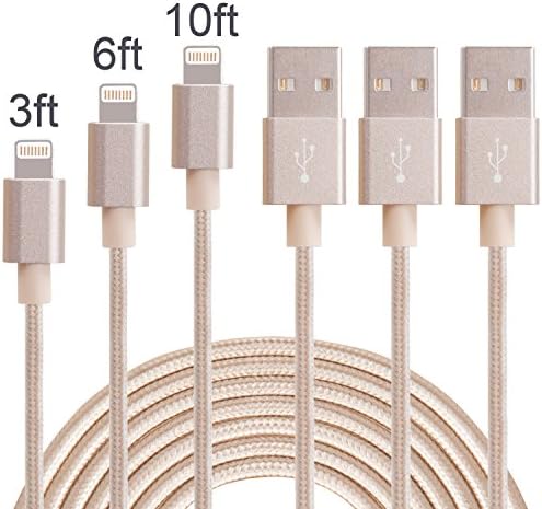 Cozify(TM) 3Pack 3FT 6FT 10FT Nylon Braided 8Pin Lightning Cable USB Charging Cord Aluminum Connector for iPhone 6/6s/6 plus/6s plus 5c/5s/5 iPad Air/Mini(Golden)