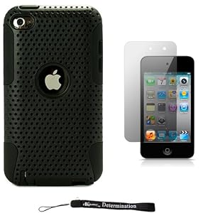 Black Matte Armor with Aero Breathe Design / Rubberized Silicone Gel Skin with Hard Shell Cover Case for New Apple iPod Touch 4 ( 4th Generation 8GB 16GB 32GB ) + Includes Anti Glare Screen Protector Guard