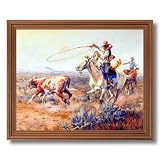 Western Rodeo Cowboys Texas Longhorn Cow Cattle Steer Home Decor Wall Picture Oak Framed Art Print