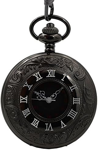 Timeconcept Double Roman Number Half Hunter Black Dial Japan Quartz Movement Mens Pocket Watch Fob