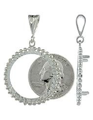 Sterling Silver 24 mm Quarter Dollar (25 Cents) Coin Frame Bezel Pendant w/ Beaded Edges (COIN is NOT Included)