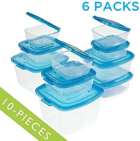Mr. Lid 10 Piece Attached Lid Plastic Container, Clear with Blue Lids - 6 Packs