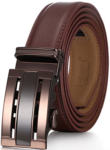 Marino Men's Genuine Leather Ratchet Dress Belt with Automatic Buckle, Enclosed in an Elegant Gift Box - Brown and Silver Open Grid Buckle W Brown Leather - Custom: Up to 44
