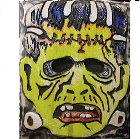 Vintage Halloween Mask Wood Wall Art,Carved and Painted Frankenstein 3-D Wall Hanging, Retro Halloween Decor. measure: approx. 7 X 11" (Allow 1- 4 weeks for production &amp; delivery)