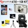 Fuji Finepix A700 7.3MP Digital Camera with 1GB Accessory Kit. Includes 1 Gigabyte XD Memory Card, Padded Carrying Case with Pockets and Strap, Package of LCD Screen Protectors, Flexible Mini Tripod, Cleaning and Care Kit, and a BONUS of 25 Free Quality Prints.