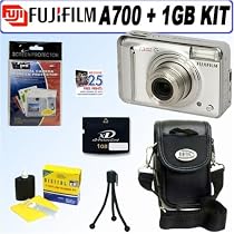 Fuji Finepix A700 7.3MP Digital Camera with 1GB Accessory Kit. Includes 1 Gigabyte XD Memory Card, Padded Carrying Case with Pockets and Strap, Package of LCD Screen Protectors, Flexible Mini Tripod, Cleaning and Care Kit, and a BONUS of 25 Free Quality Prints.